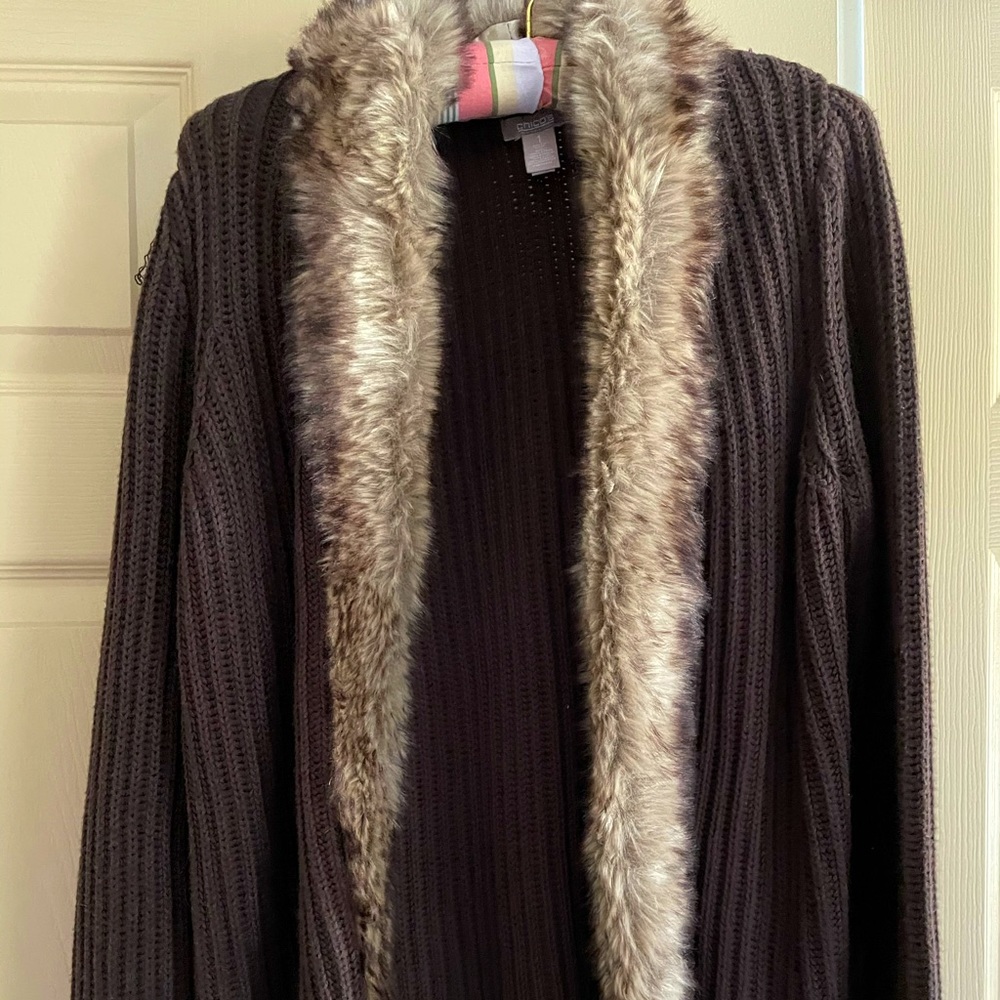 Chico’s brown sweater with fur trim